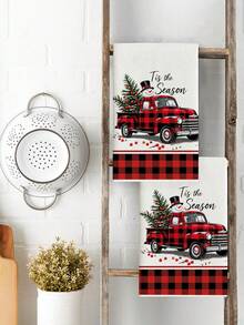 2pcs Red Truck And Snowman Printed Kitchen Towels, Polyester Hand Towels With Christmas Pattern, Super Soft Woven Dishcloths, Machine Washable, Ideal For Restaurant, Kitchen, Christmas Holiday Decoration And Gifting - Multicolor - View 4