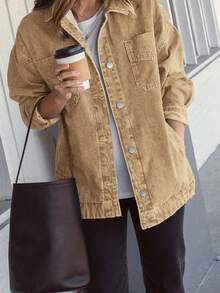 女式休闲宽松牛仔夹克，单排扣口袋，秋季 - 棕色 - 查看 5