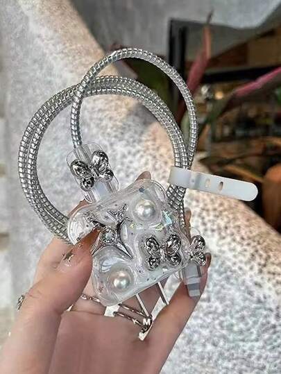 5pcs/Set Silver 3D Butterfly Charger Cable Protector Cover, Compatible With Apple 20W, Apple 14/15 Charger, 13 Pro Max