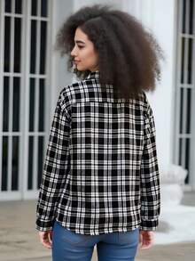 Womens Long Sleeve Plaid Shirts Flannel Collared Button Down Shackets Casual Rolled Up Boyfriend Blouses Tops - màu đen - Xem 5