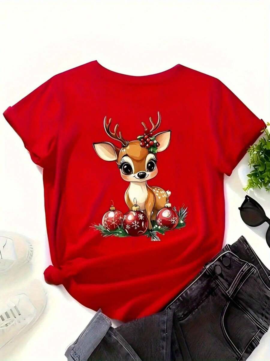 Camiseta Roja de Navidad para Mujer - Diseño Adorable con Ciervos y Adornos, Top Ligero y Transpirable para Fiestas o Uso Diario - Lavado a Máquina