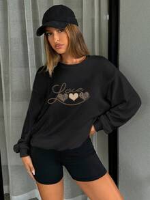 Sudadera mujer básica negra gráfico de corazón  estampado de leopardo, love letras sencillas, casual cómoda manga larga - Negro - Ver 2