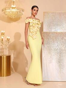 New Sexy Off-Shoulder Luxury Heavy Embellished Pearl Sequin Embroidered Fitted Backless Sleeveless Mermaid Long Dress Elegant Women's Party Gown - Light Yellow - View 5