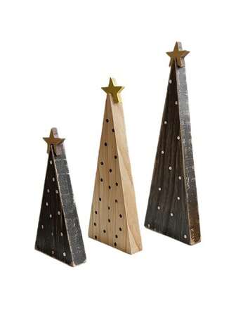 3 adet renkli ahşap koni şeklinde dekoratif aksesuar, üst kısımlarında yıldız ve noktalı desenler bulunur, sade ve sıcak masaüstü ve masa üstü dekorasyonu için uygundur, oturma odası, yatak odası, şömine masası, masa dekorasyonu, ev dekorasyonu, oda dekorasyonu ve hediye olarak kullanılabilir.