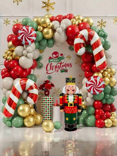 128 piezas Conjunto de arco de globos de Cascanueces de Navidad Globos de colores rojo, verde salvia, dorado, blanco y , globos de caramelo, globos de Cascanueces. Suministros de decoración para fiesta de Navidad, adecuado para decoración de globos de ventana de Navidad, decoraciones de tema de fiesta de cumpleaños, decoraciones de fondo de habitación, conjunto de globos de tema navideño