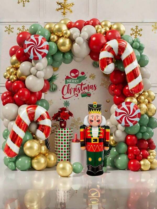 128 Pcs Nutcracker Balloon Garland Christmas Balloon Arch Set Red Sage Green Gold White Sand Balloons Candy Balloons Nutcracker Balloons Christmas Party Decoration Supplies, Suitable For Christmas Window Decoration Balloons, Birthday Party Theme Decorations, Room Background Decorations, Christmas Theme Balloon Set