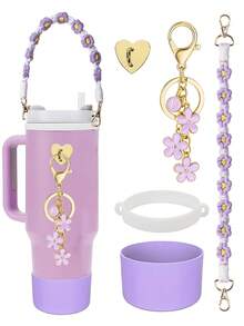 5 件/1 件硅胶保护套、防摔防刮硅胶套、防滑硅胶保护套、配套手工编织运动水壶带、心形自粘挂钩、花朵和 26 个字母吊坠标记、带肩带的瓶架、手工编织挂绳、硅胶支架、适合 8-40 盎司水瓶、耐用防撕裂、适合日常使用、家庭聚会、旅行和派对