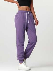 女士冬季保暖抓绒运动裤 - 高腰弹力腰带运动休闲裤，适合跑步、瑜伽等运动 - 紫色 - 查看 6