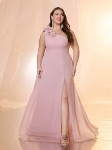 UNITHORSE Vestido con cintura ceñida, falda acampanada y abertura, decoración floral 3D lujosa, sin mangas y asimétrico, elegante - Rosa - Ver 3