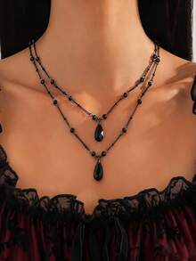 2 piezas Collar con colgante de gota de estilo gótico vintage punk con decoración de borla de metal, collar gargantilla de varias capas para mujer, adecuado para uso diario, fiesta de Halloween, regalo para amigos