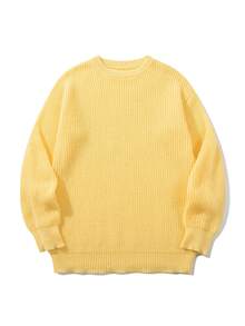 轻盈保暖针织套头毛衣，宽松版型，聚酯纤维面料，休闲学院风，男女皆宜，长袖，落肩设计，简约圆领，适合秋冬季穿着。 - 鵝黃色 - 查看 2