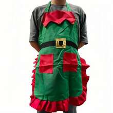 Delantal navideño con gorro decorativo, disfraz de cocina festivo para hombres y mujeres, delantal con estampado de Papá Noel con 2 bolsillos, delantal de cocina, delantal de tela navideña, adecuado para adolescentes y adultos, talla única