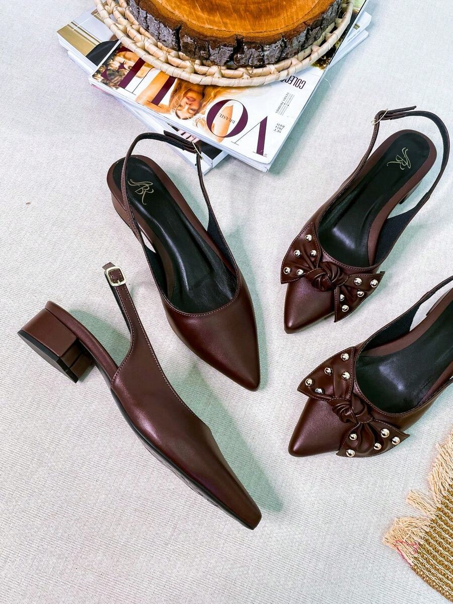 Slingback Open Heel Pumps With A Heel Below 3cm - Café-laço - View 1