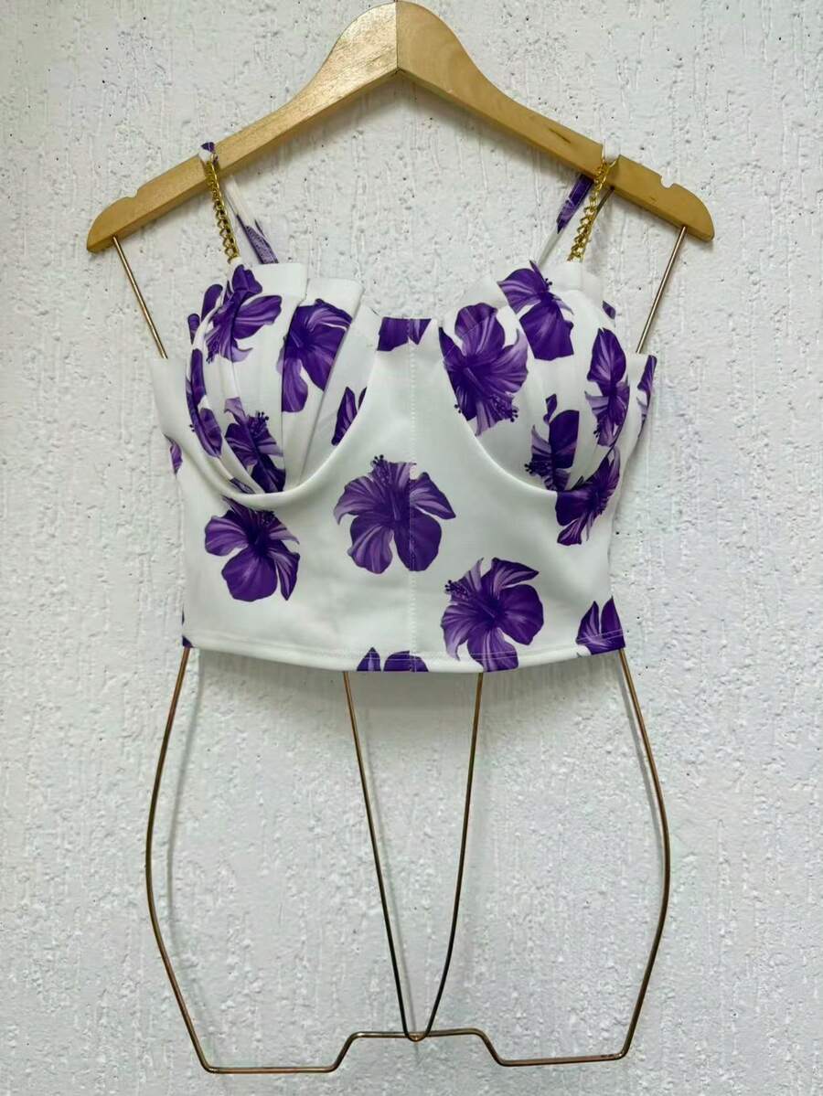 Cropped Top Blouse Thin Strap Chain With Mermaid Cup Fashion Blogger Retro Summer Party Beach Neoprene Suplex Strappy - Purple Mult - View 1