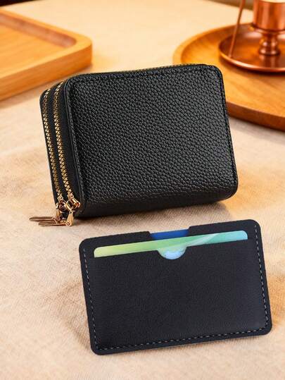 2PCS Leather Wallet And Card Holder Set, Double - Zipper Design For Secure Storage, Slim Card Case For Quick Access, Perfect For Daily Use & Travel, Ideal Gift For Men And Women, Made Of High - Quality Leather, Stylish Black Color, Essential Accessories For Organizing Cash, Cards And IDs