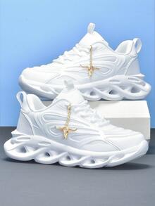 Sapatos Esportivos Casuais Femininos para Uso Externo com Decoração Metálica Dourada de Touro, Sandálias Respiráveis Rápidas de Verão para Casais de Plus Size 35-46, Sapatos Esportivos Plus Size Femininos com Sola Leve e Absorvente de Choque, Tênis Casuais Brancos da Moda para Estudantes Universitários, Sapatos de Cadarço Simples de Bico Redondo para Uso Diário, Caminhada, Fitness, Trabalho, Sapatos Sociais com Sola Grossa e Antiderrapante para Adultos Jovens