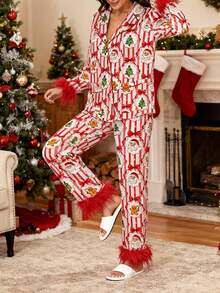 Women's Valentine Bow Print Feather Trim Loungewear Set - Satin Button-Front Pajama Set With Fluffy Cuff Detail For Spring - Đỏ - Xem 2