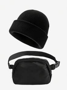 两件套男女通用时尚简约针织帽和腰包套装，休闲百搭防风保暖无檐帽，户外便携收纳斜挎包，适合秋冬季日常户外时尚搭配，是男女冬季服装的绝佳礼物之选。 - 黑色 - 查看 11