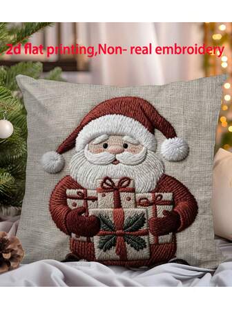 1pc Christmas Decorative Printed Pillow Cover, Santa Claus & Christmas Elements Cushion Cover, Room Decor, Bedroom Decor, Holiday Decor, Party Decor (No Pillow Insert) (Single-Sided Print) (No Embroidery)