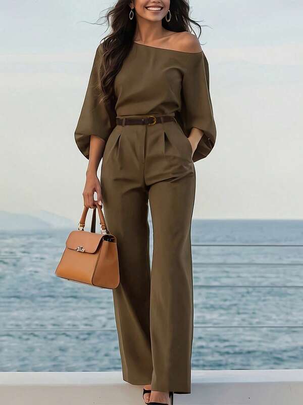 Women's Elegant Coffee 2 Pieces Set: Asymmetrical Top Paired With Pants, Suitable For Daily Wear, Office, Halloween In Autumn