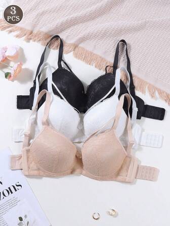 3PCS Sexy Lace Hollow Design Non-Padded Underwire Push-Up Bra, Comfortable Floral Decoration Adjustable Shoulder Straps Women's Bra