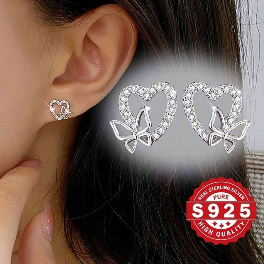 Chic S925 Sterling Silvery Heart & Butterfly Stud Earrings With Sparkling Zirconia - Hypoallergenic, Perfect Gift For Her