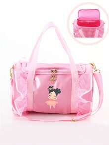 1 Fashionable Dance Bag, Lightweight Ballet Bag, Cartoon Pattern And Lace Detail Shoulder Bag, Flip Polyester Lining And Zipper Pocket, Suitable For Young Ballet Dancers' Daily Use, Perfect Gift Choice For Her