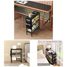 Small Narrow Side Table Small Spaces, Slim End Table With Storage Bag, Sofa Snack Table With Adjustable Metal Mesh, 3 Tier Accent Beside Table Living Room Bedroom, Rustic Brown