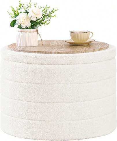 Storage Ottoman With Tray, Round  Storage Ottoman Stool, Boucle Foot Rest Foldable Ottoman 56x56x40cm (White)