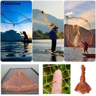 Teettartee Rete da pesca tradizionale artigianale da esterno, rete da lancio manuale in stile vintage, rete da lancio artigianale in stile americano, maglia a filo di pneumatico da 1 pollice, grande rete da pesca a lancio manuale vintage