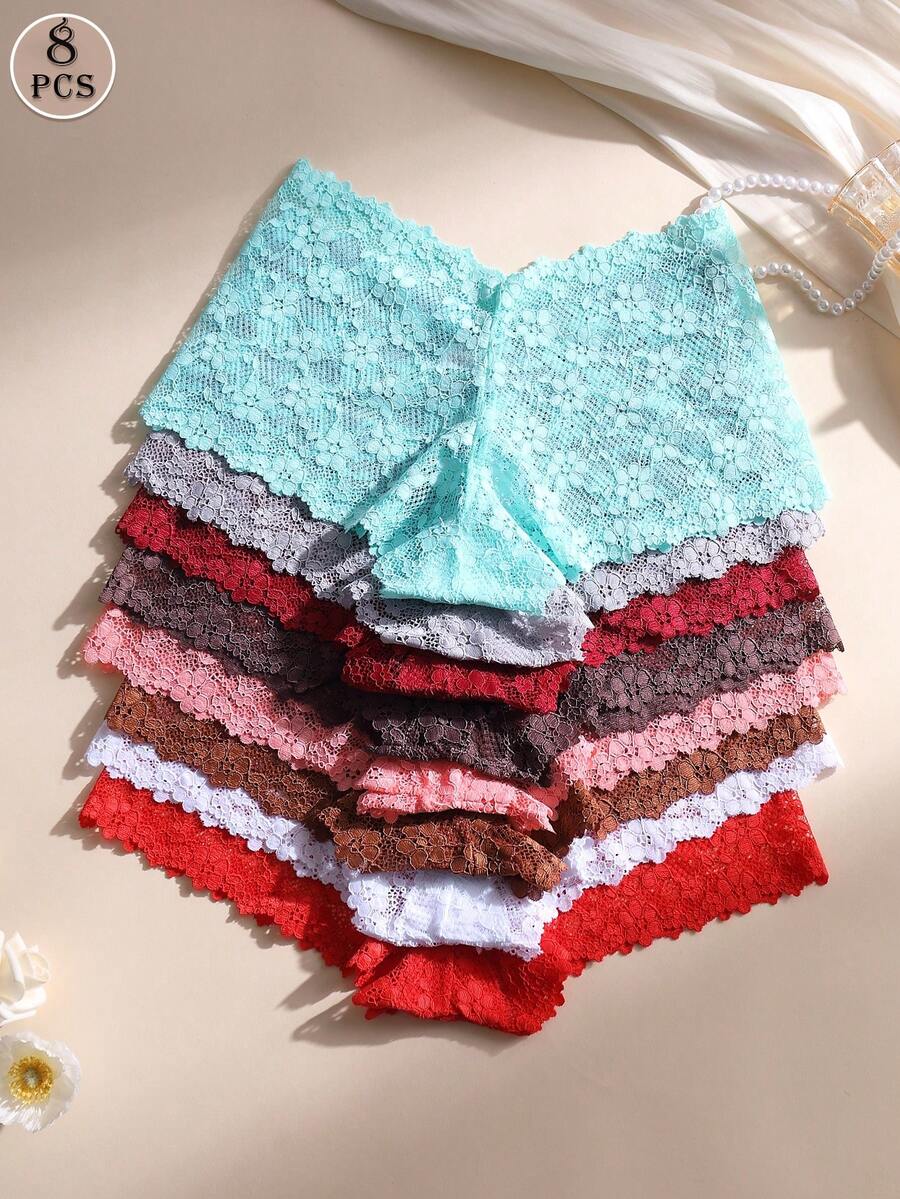 8pcs/Pack Sexy Women's Lace Patchwork Hipster Panties, Floral Hollow-Out Design, Soft Breathable, Low Waist Seamless, Suitable For Yoga, Sports And Daily Wear - Multicolor - View 1