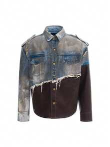 Men's Two-Piece Set, Jeans Vintage Distressed Patchwork Denim Jacket Men's Autumn And Winter Dirty Jacket - Blue - View 7