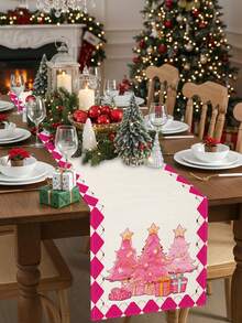 1pc/15pcs Christmas Linen Table Runner, Pink Christmas Tree Gift Box Table Runner, Merry Christmas, Suitable For Home, Restaurant, Dining Table Decor, Household Items