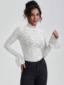 女士性感修身立领长袖蕾丝镂空衬衫，适合夏季穿着，可作婚礼宾客白色上衣 - 白色 - 查看 7