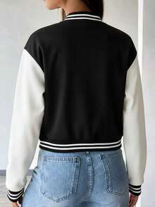 Teen Girls American Retro Black & White Colorblock Baseball Jacket, Autumn/Winter Short Knit Cardigan Coat - Black - View 10