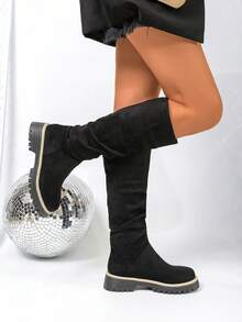 Women's Thick Sole Increased Height Riding Boots, High Shaft Slim Fit Tall Boots For Autumn/Winter - Black - View 2