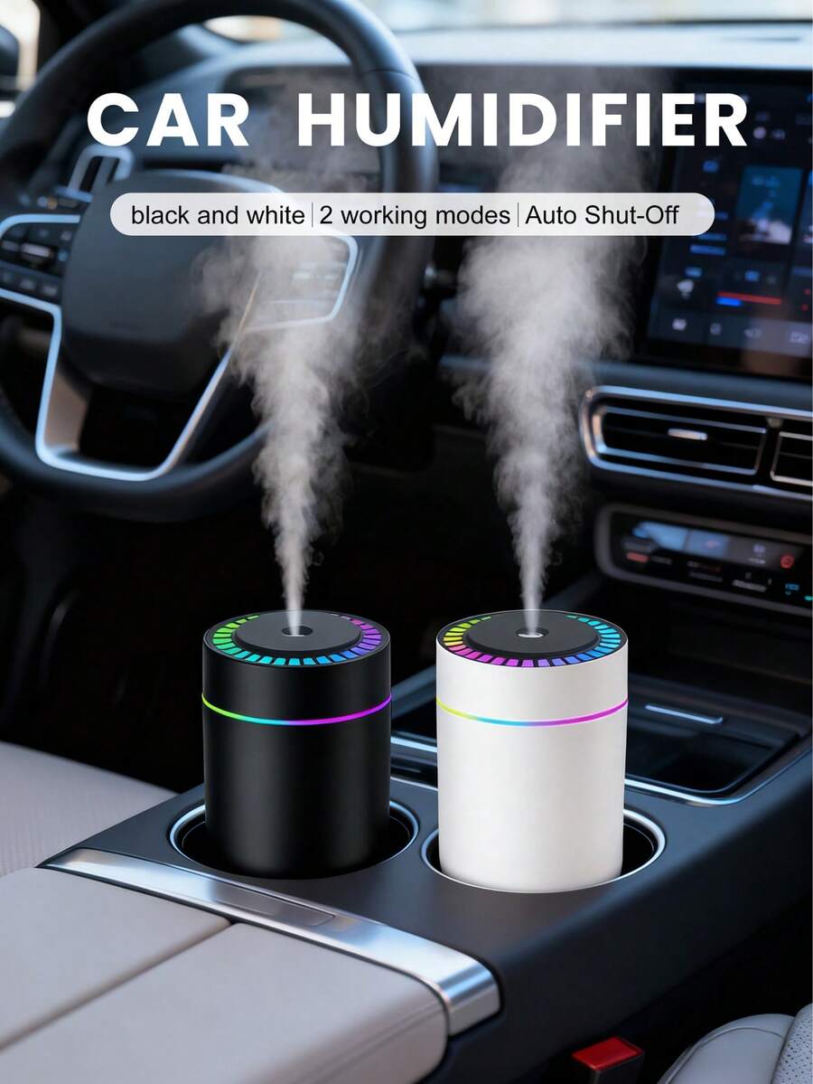 1pc 180ml Capacity Mini Car Humidifier With Romantic Color Night Light. Large Mist Output, Quiet Operation, Auto Timing, 2 Working Modes. Compatible With Essential Oils (6 Scents Available). Set Includes 1 Humidifier And 1 Bottle Of Essential Oil. Suitable For Car, Office, Bedroom, Living Room, Study, And Plant Room.