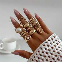 Chunky Rings Set For Women,Vintage Stacking Imitation Pearl Rings Pack, Dainty Adjustable Open Knuckle Hollow Twisted Round Signet Finger Ring Minimalist Statement2025 - A-3 chiếc - Xem 3