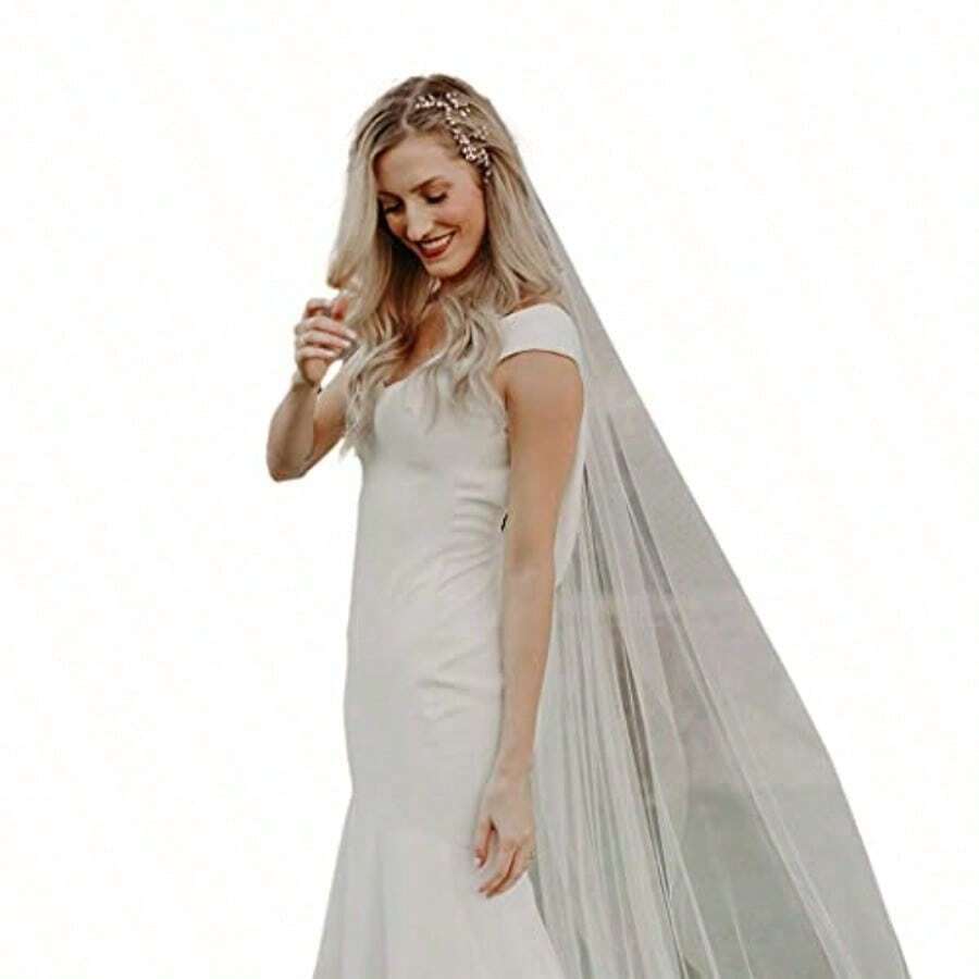 CanB Velos de novia con peine 1 nivel velo de catedral accesorios para el cabello Blanco Length *Width 118*59 inches - como en la foto - Ver 1