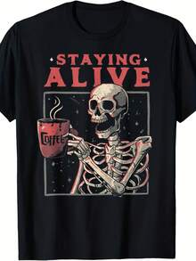 Camiseta divertida con diseño de calavera y esqueleto bebiendo café - Estilo 4 - Ver 1