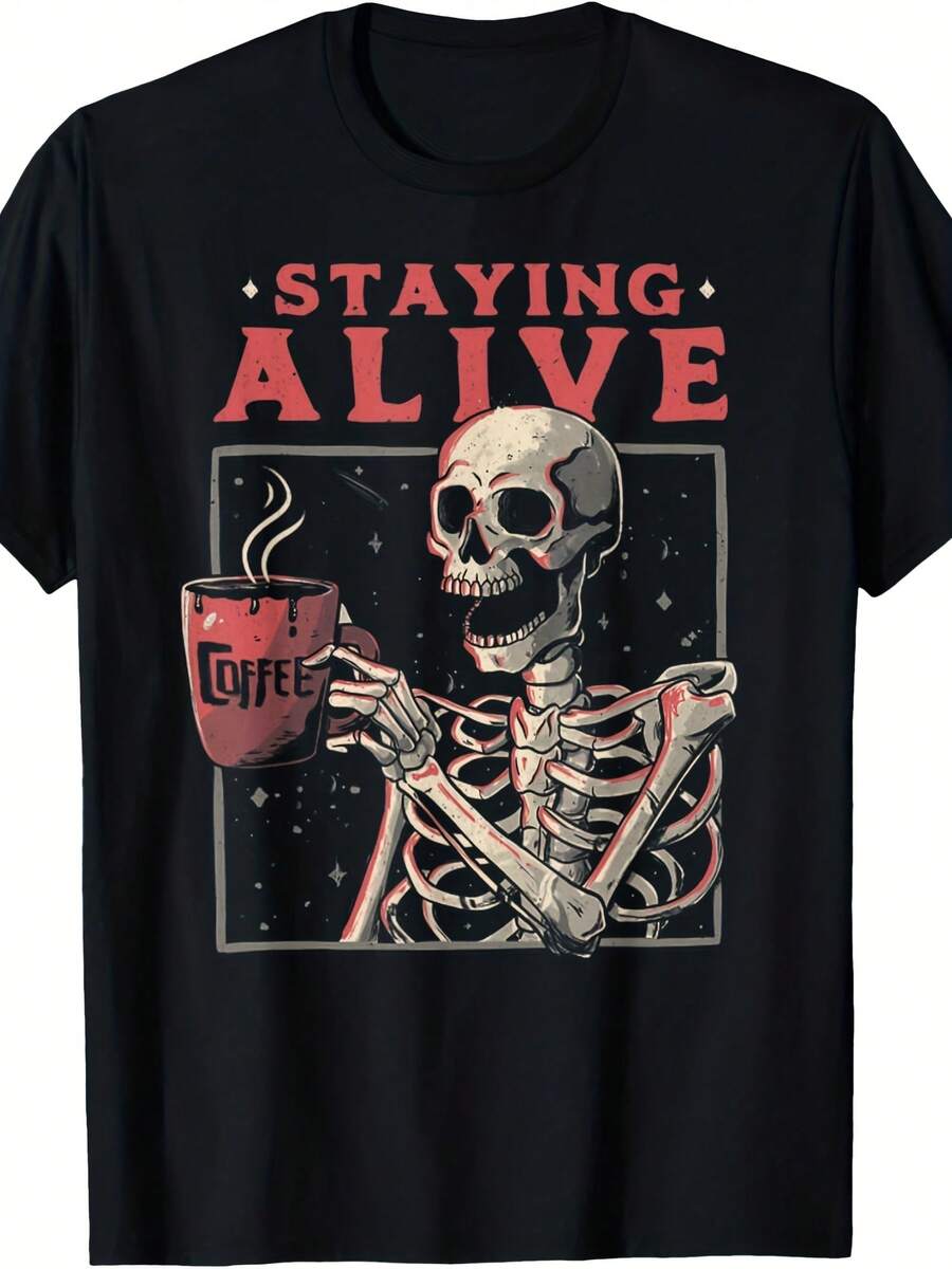 Camiseta divertida con diseño de calavera y esqueleto bebiendo café - Estilo 4 - Ver 1