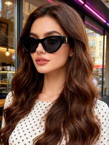 1pc Large Frame Cat Eye Retro Personalized Fashion Glasses, Full Frame Versatile Personalized Women's Glasses, Suitable For Travel, Vacation, Daily Wear, Beach Accessories - màu đen - Xem 3
