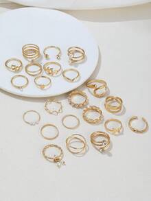 22pcs Butterfly Rhinestone & Faux Pearl Rings, Leaf & Heart Chain Knuckle Rings Set For Women - Gold - View 4