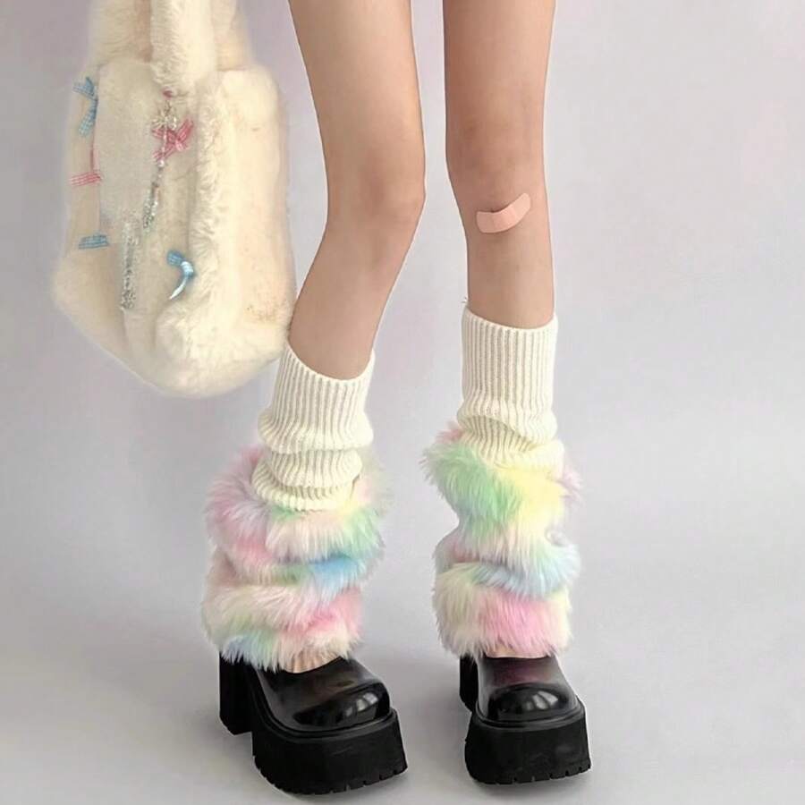 Y2K Subculture Korean Japanese Style Cold-Proof Leg Warmers Fake Two-Piece Colorful Furry Patchwork Handmade Knitted Mid-Calf Socks Suitable For Autumn And Winter Women's Leg Warmers - 彩色 - 查看 1