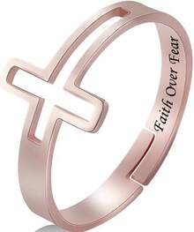Anillo de cruz lateral Recordatorio de fe religiosa sobre el miedo Orar a Dios Jesús | Anillo de cruz religiosa de acero inoxidable ajustable | Incluye caja de joyería 2025 - Oro rosa - Ver 4