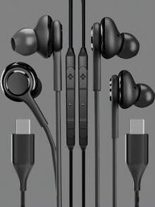 1 Pair/2 Pairs USB-C Wired Earphones, Type-C Nylon Braided In-Ear Headphones With Microphone And Volume Control, Stereo Bass Noise Cancelling, Compatible With Samsung Galaxy S25 S24 S23 FE S22 S21 A53 And Other Type-C Devices - Black - View 2