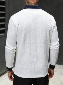 男士V领Polo衫，弹力提花面料，修身长袖针织运动服 - 白色 - 查看 5