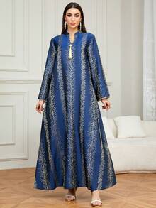 Elegant Women's Kaftan Dress, Gold Abstract Pattern, V-Neck, Long Length Non-Stretch Fabric - Navy Blue - View 6