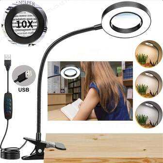 USB Powered Clip-On Desk Lamp With 10X Magnifier, LED Eye-Care Clamp Lamp, Metal Gooseneck Arm 360° Rotation, 3 Lighting Modes & 10-Level Brightness Adjustable, Flicker-Free For Jewelry Work, Crafts, Reading & Office Use