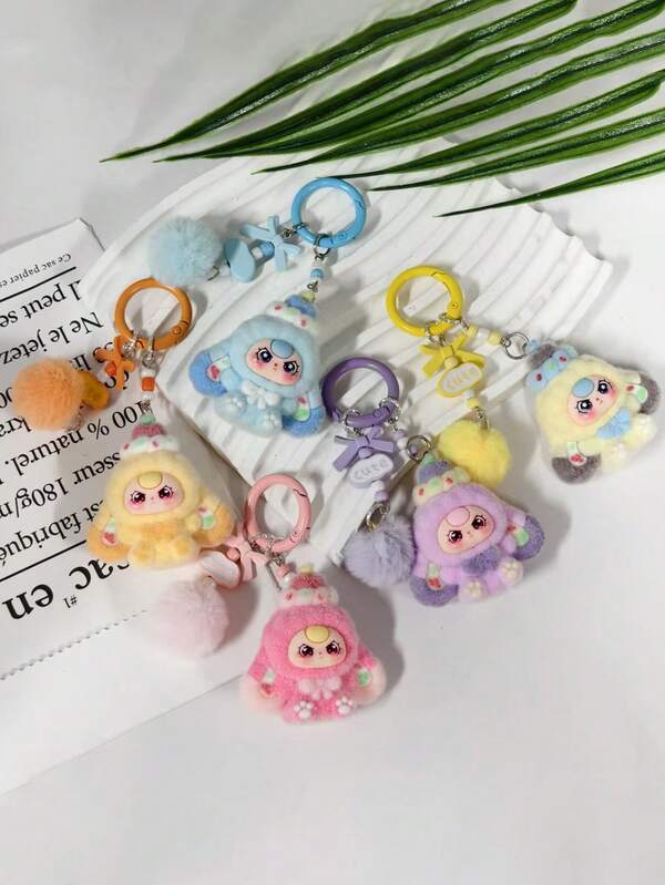 1pc Cute Flocked Standing Cartoon Doll Keychain, Girl Student Accessory